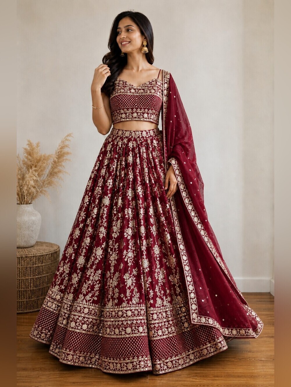 Maroon Dola Silk Jacquard Lehenga Choli Set